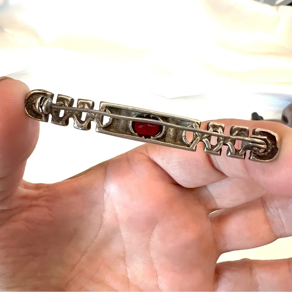 182. Sterling, Garnet and Marcasite Bar Brooch Circa 1980s. Estate Find! - Picture 8 of 8